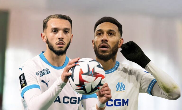 Amine Gouiri et Pierre-Emerick Aubameyang lors d’un match de l’OM en Ligue 1