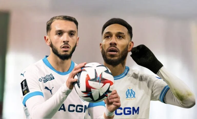 Amine Gouiri et Pierre-Emerick Aubameyang lors d’un match de l’OM en Ligue 1